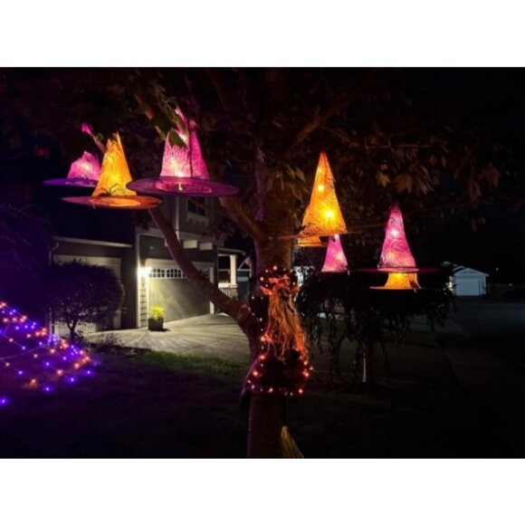 Halloween Decor Lights, 8 PCS Waterproof Hanging Witch Hat with String Lights - Picture 2 of 2